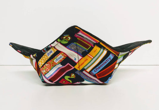 Bowl Cozy Microwave Safe Cotton Hot Soup Bowl Pot Holder in a Reversible Books with Bookworms and Solid Black Fabric Print