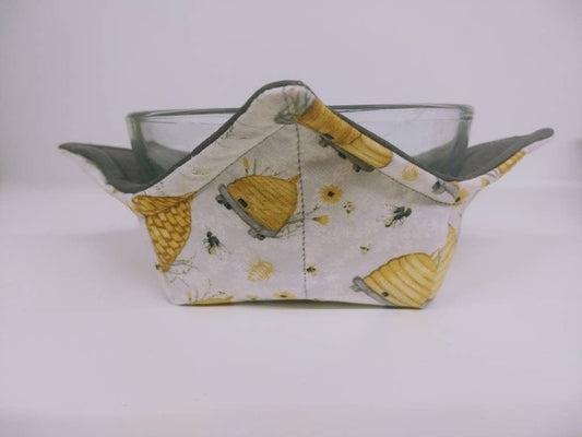 Bowl Cozy Microwave Safe Cotton Soup Hot Bowl Pot Holder in a Country Bee Hive and Grey Fabric Print