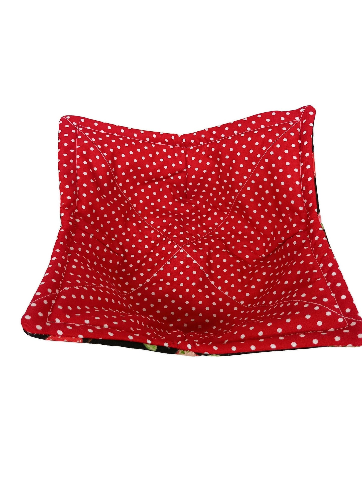 Bowl Cozy Microwave Safe Cotton Hot Soup Bowl Pot Holder in a Reversible Red Apple and Red and White Polka Dot Fabric Print