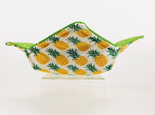 Bowl Cozy Microwave Safe Cotton Hot Soup Bowl Pot Holder in a Reversible Yellow Tropical Pineapple and Green and White Fabric Print