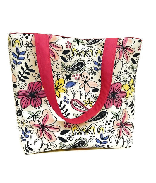 Bright pink abstract flower Beach Bag or Tote Bag with Pocket