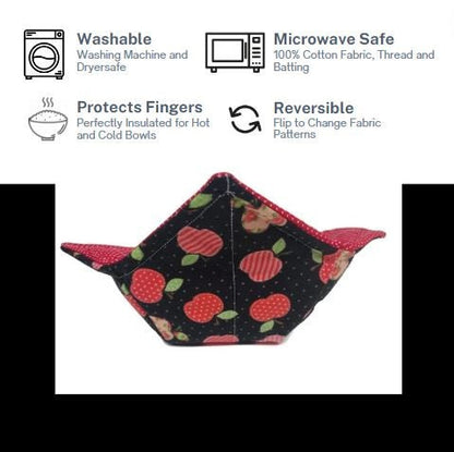 Bowl Cozy Microwave Safe Cotton Hot Soup Bowl Pot Holder in a Reversible Red Apple and Red and White Polka Dot Fabric Print
