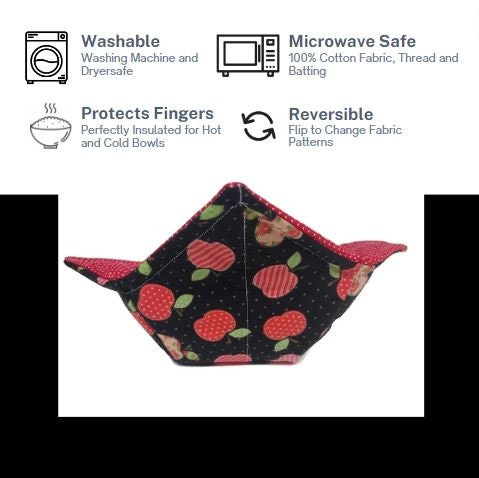 Bowl Cozy Microwave Safe Cotton Hot Soup Bowl Pot Holder in a Reversible Red Apple and Red and White Polka Dot Fabric Print