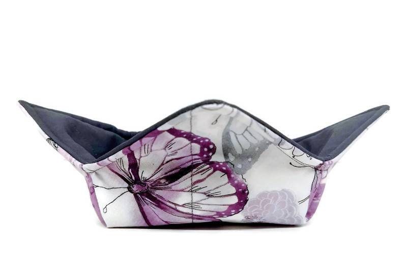 Bowl Cozy Microwave Safe Cotton Soup Hot Bowl Pot Holder in a Purple Butterfly and Solid Grey Fabric Print