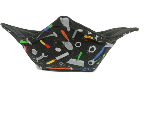 Bowl Cozy Microwave Safe Cotton Soup Hot Bowl Pot Holder in a Miniature Tool and Solid Black Fabric Print