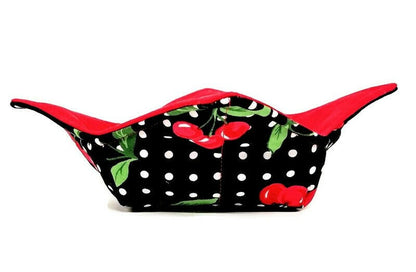 Bowl Cozy Microwave Safe Cotton Soup Hot Bowl Pot Holder in a Retro Cherry and Solid Red Fabric Print