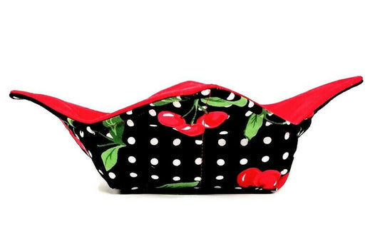 Bowl Cozy Microwave Safe Cotton Soup Hot Bowl Pot Holder in a Retro Cherry and Solid Red Fabric Print