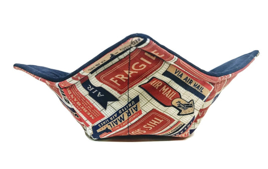 Bowl Cozy Microwave Safe Cotton Soup Hot Bowl Pot Holder in a Airmail, Mail Man and Solid Navy Blue Fabric Print