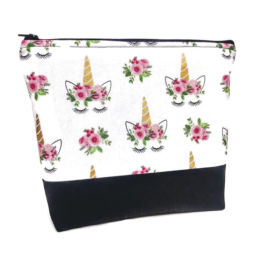 Unicorn with Eye lashes zippered cosmetic, make up, travel bag