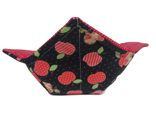 Bowl Cozy Microwave Safe Cotton Hot Soup Bowl Pot Holder in a Reversible Red Apple and Red and White Polka Dot Fabric Print