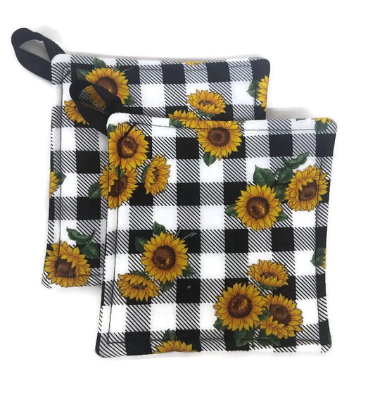 Pot holder for kitchen Pot Holder Set Oven Hot Pad Pot Holder for Cooking or Baking in a Plaid Sunflower Fabric Print