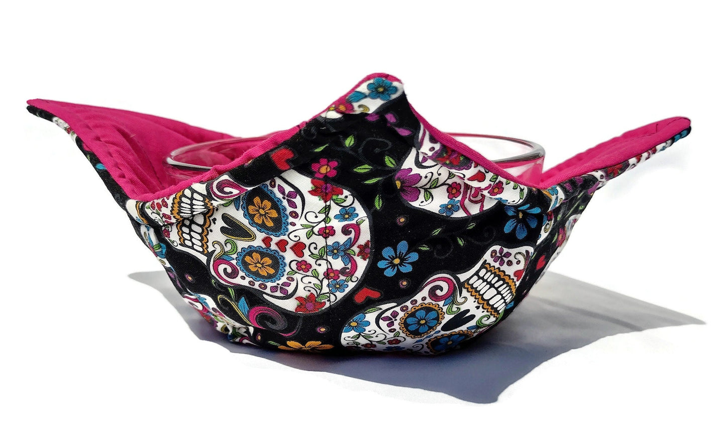 Bowl Cozy Microwave Safe Cotton Soup Hot Bowl Pot Holder in a Pop Sugar Skull and Hot Pink Fabric Print