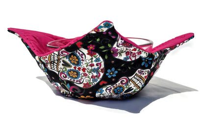 Bowl Cozy Microwave Safe Cotton Soup Hot Bowl Pot Holder in a Pop Sugar Skull and Hot Pink Fabric Print