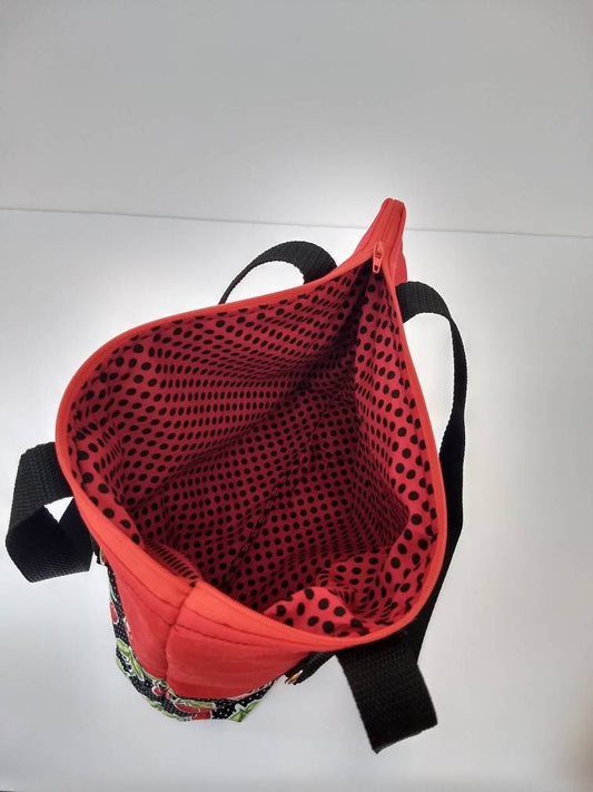 Red Cherry lined insulated zip top lunch bag or sack with straps