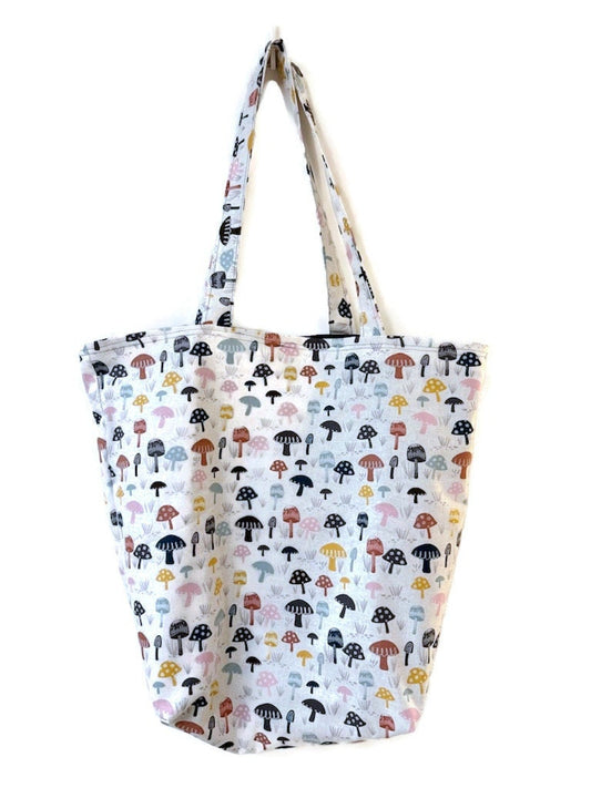 Tote Bag, Reusable Bag, Shopper Bag, Grocery Bag in an Multicolored Mushroom Canvas