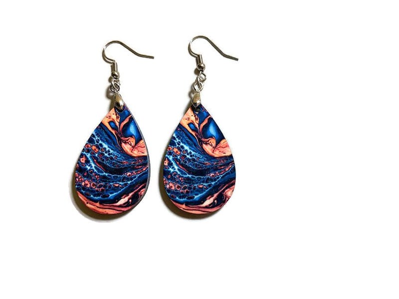 Pink and Blue Marble Effect Tear Drop Dangle Earrings