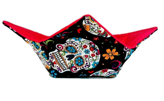 Bowl Cozy Microwave Safe Cotton Soup Hot Bowl Pot Holder in a Pop Sugar Skull and Hot Pink Fabric Print