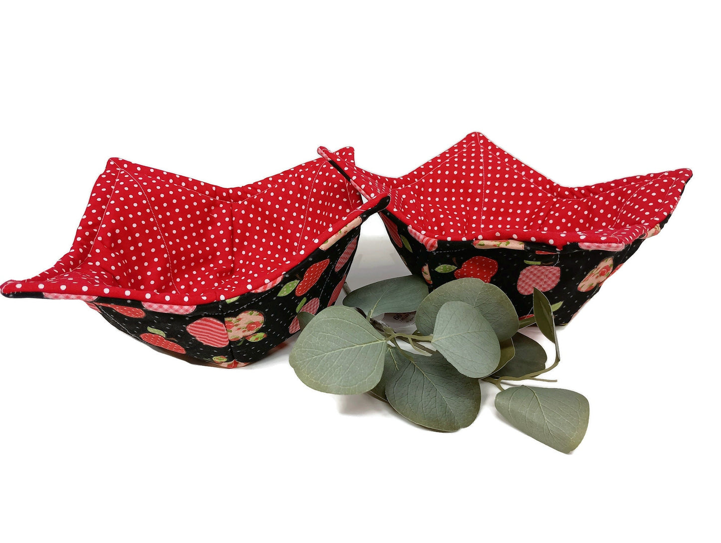 Bowl Cozy Microwave Safe Cotton Hot Soup Bowl Pot Holder in a Reversible Red Apple and Red and White Polka Dot Fabric Print