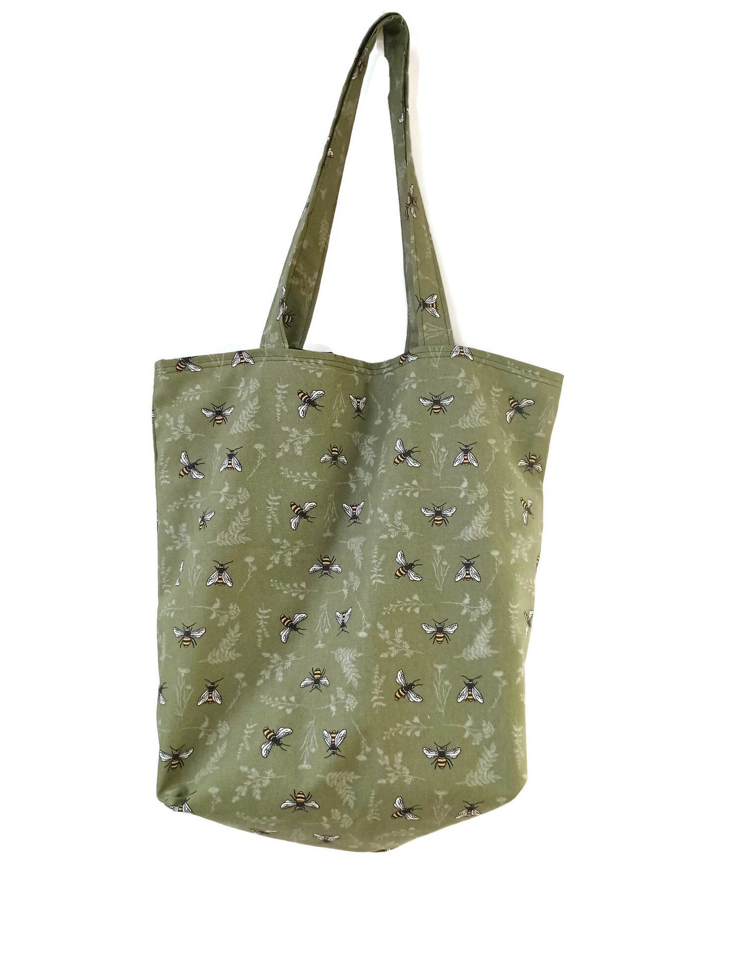 Tote Bag, Reusable Bag, Shopper Bag, Grocery Bag in a Dark Green Bee Cotton Canvas Fabric Print