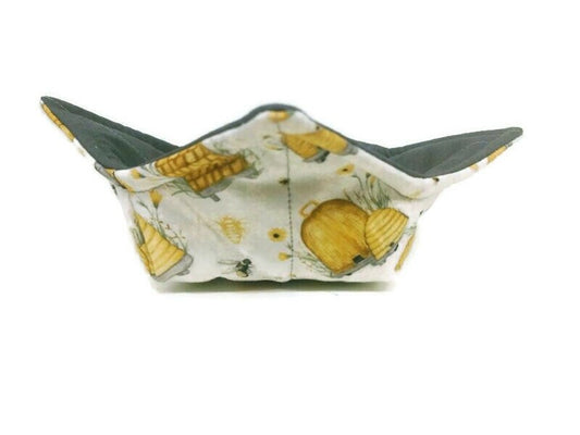 Bowl Cozy Microwave Safe Cotton Soup Hot Bowl Pot Holder in a Country Bee Hive and Grey Fabric Print