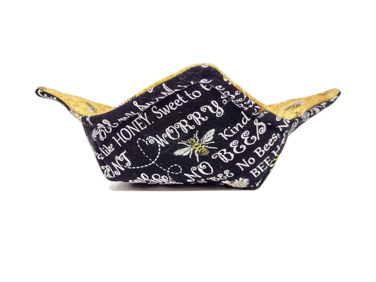 Bowl Cozy Microwave Safe Cotton Hot Soup Bowl Pot Holder in a Reversible Bee Happy and Bee and Honey Comb Fabric Print