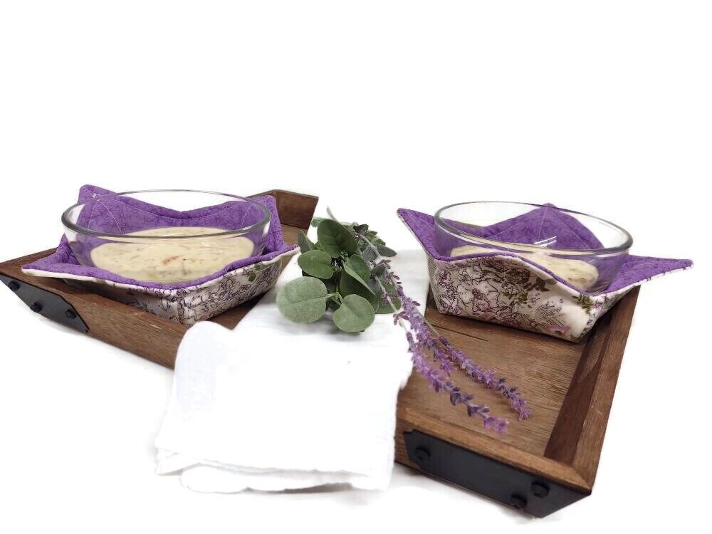 Bowl Cozy Microwave Safe Cotton Soup Hot Bowl Pot Holder in a Fine Print Flower and Light Purple Fabric Print