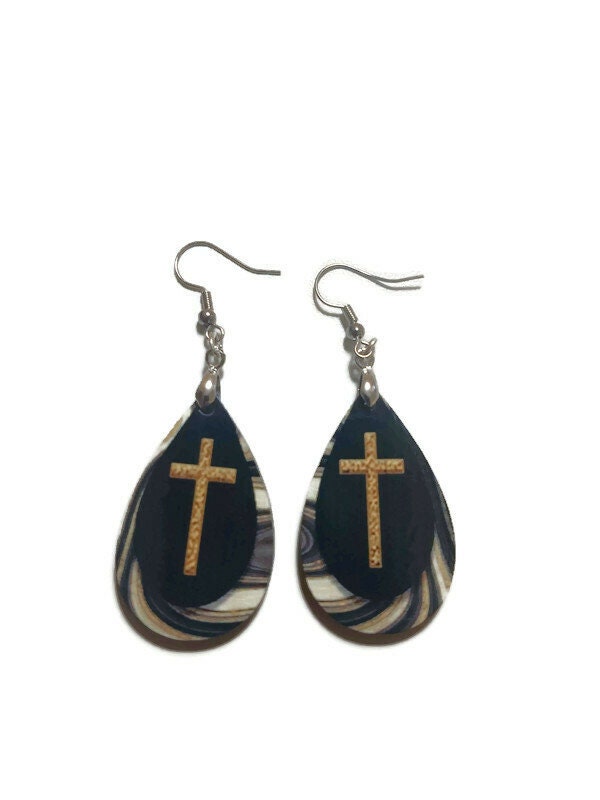 Black and Tan Cross Tear Drop Dangle Earrings