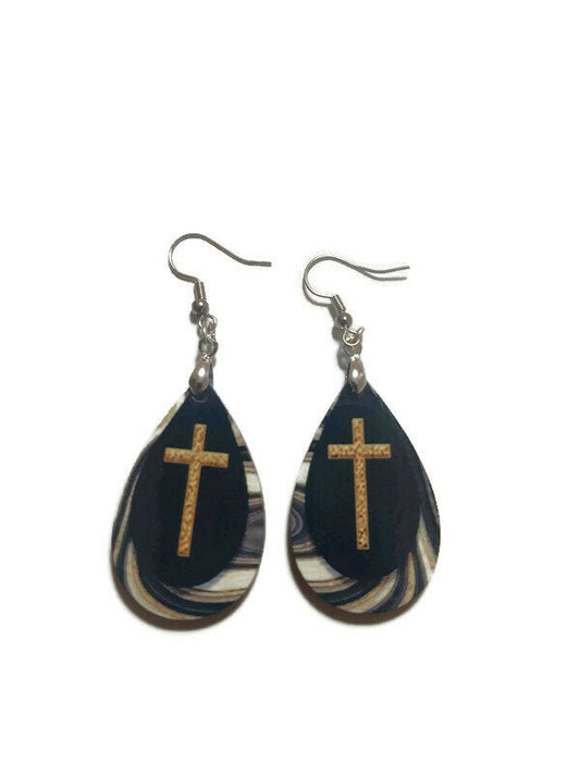 Black and Tan Cross Tear Drop Dangle Earrings