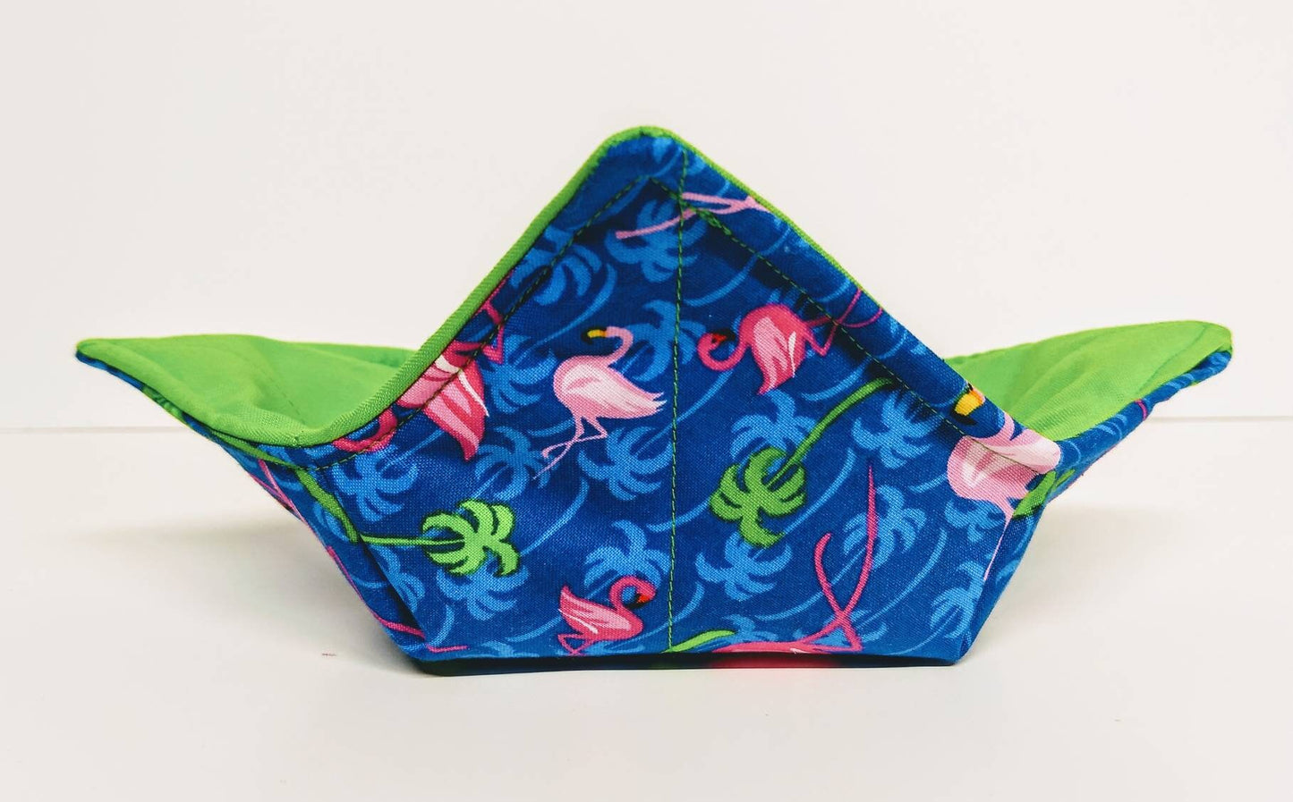 Bowl Cozy Microwave Safe Cotton Soup Hot Bowl Pot Holder in a Tropical Flamingo and Palm Tree Fabric print