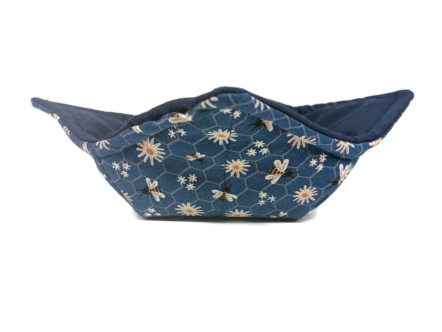 Bowl Cozy Microwave safe Cotton Hot Soup Bowl Pot Holder in Blue Honey Bees with Daisy Print
