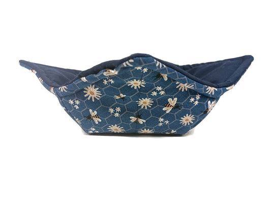 Bowl Cozy Microwave safe Cotton Hot Soup Bowl Pot Holder in Blue Honey Bees with Daisy Print