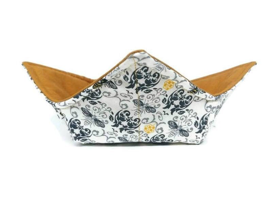 Bowl Cozy Microwave Safe Cotton Hot Soup Bowl Pot Holder in a Reversible Bee with Grey Scroll and Mustard Yellow Fabric Print