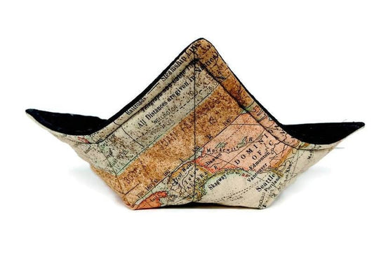 Bowl Cozy Microwave safe Cotton Hot Soup Bowl Pot Holder in an Antique Map Fabric Print