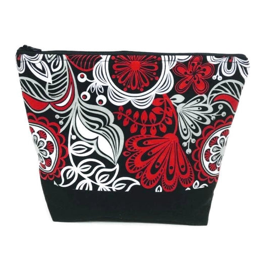Red and Black Abstract Flower zippered cosmetic, make up, travel bag