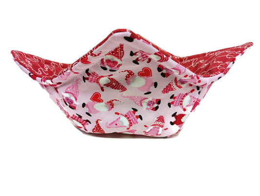 Bowl Cozy Valentines Day Microwave Safe Cotton Hot Soup Bowl Pot Holder in a Miniature Gnome and Love Fabric Print