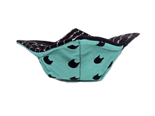 Bowl Cozy, Microwave Safe Cotton Hot Soup Bowl Pot Holder, Cat Lovers Gifts, House Warming Gift in Turquoise Cats and Meow Fabric