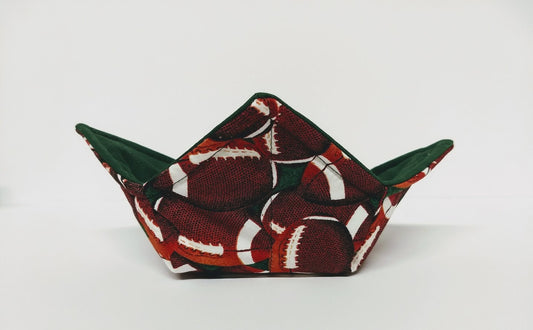 Bowl Cozy Microwave Safe Cotton Hot Soup Bowl Pot Holder in a Reversible Football and Dark Green Fabric Print