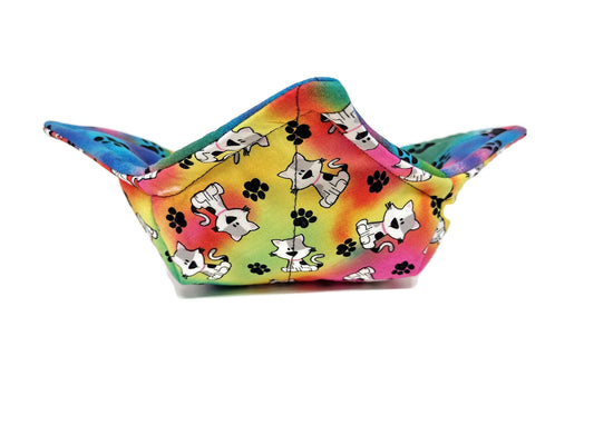 Bowl Cozy Microwave Safe Cotton Soup Hot Bowl Pot Holder in a Reversible Tie Dye Cat and Tie Dye Paw Print Fabric Print