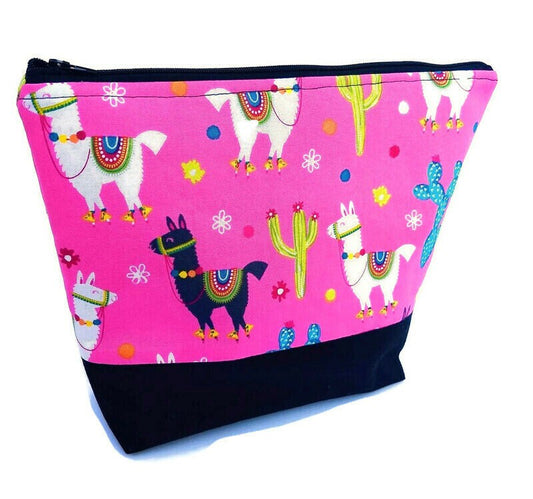 White and Black Llama zippered cosmetic, make up, travel bag