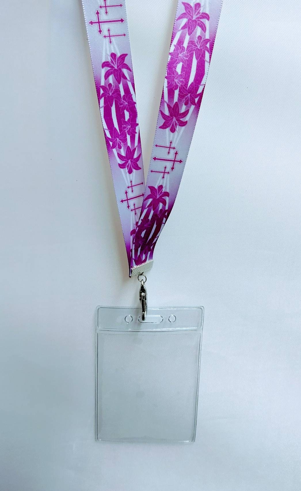 Easter Purple Cross and lilies Ribbon Lanyard with Plastic Badge or ID Holder