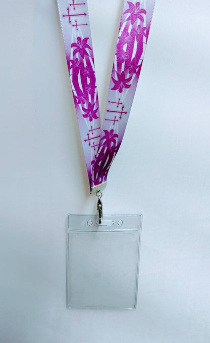 Easter Purple Cross and lilies Ribbon Lanyard with Plastic Badge or ID Holder