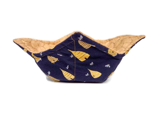 Bowl Cozy, Microwave Safe Cotton Soup Hot Bowl Pot Holder, Bee Lovers Gift, House Warming Gift in a Navy Blue Bee Hive Fabric Print