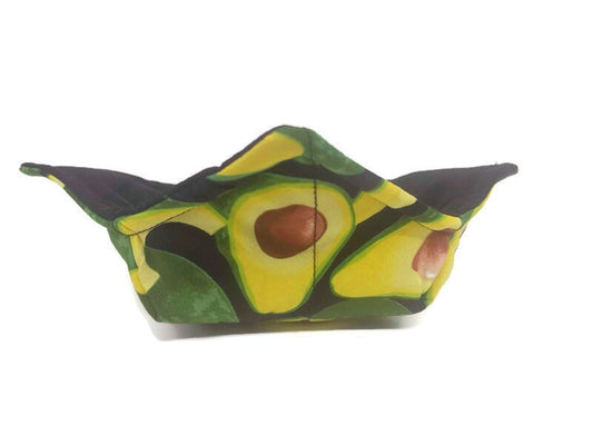 Bowl Cozy Microwave Safe Cotton Hot Soup Bowl Potholder in a reversible Avocado and Solid Black Fabric Print
