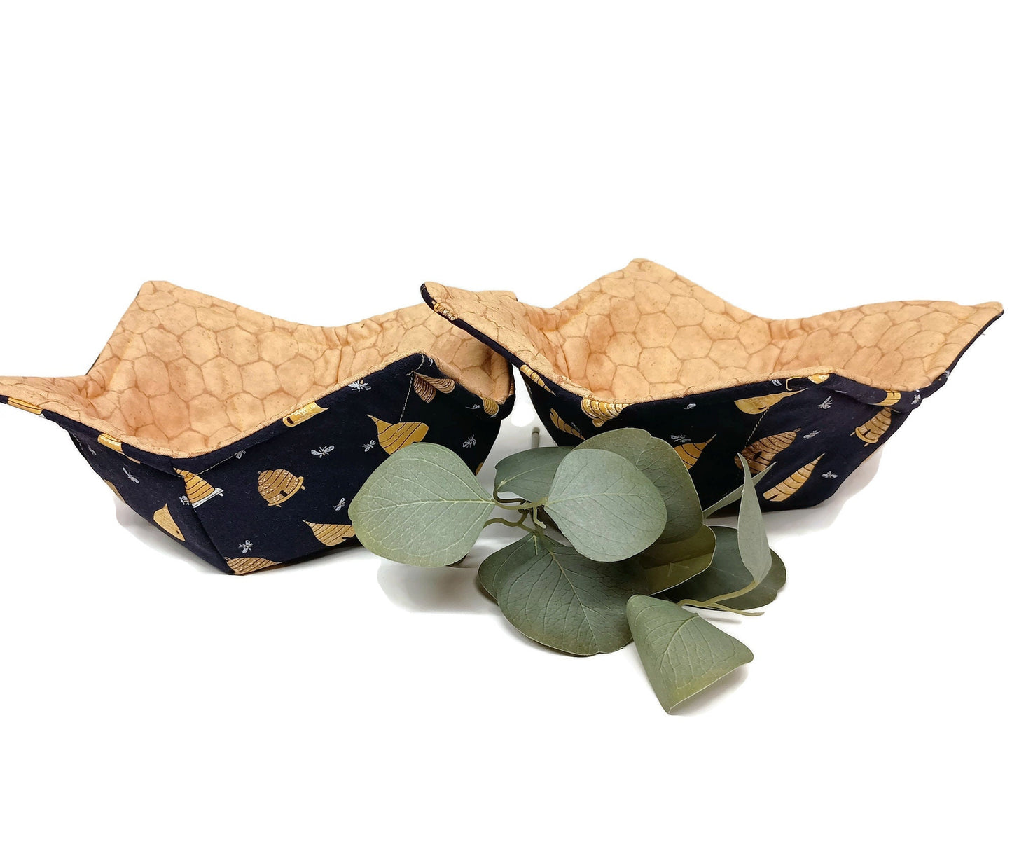 Bowl Cozy, Microwave Safe Cotton Soup Hot Bowl Pot Holder, Bee Lovers Gift, House Warming Gift in a Navy Blue Bee Hive Fabric Print