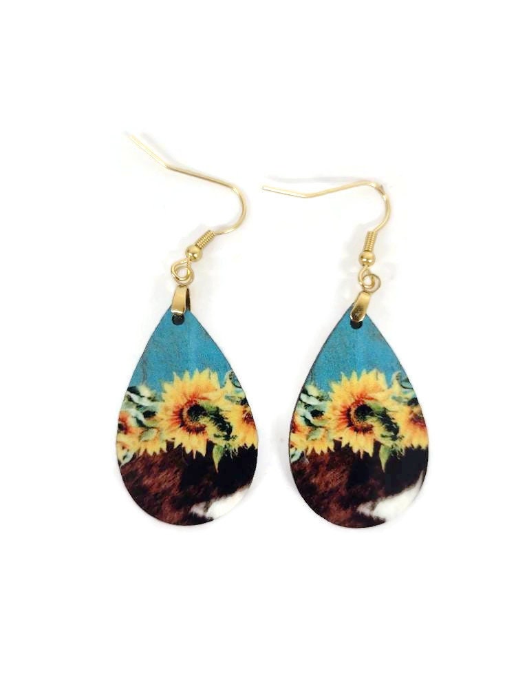 Western Sunflower Cow Hide Turquoise Tear Drop Dangle Earrings