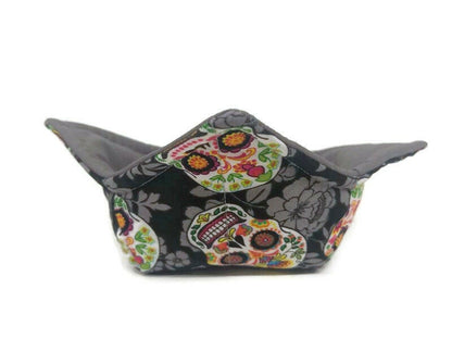 Bowl Cozy, Microwave Safe Cotton Soup Hot Bowl Pot Holder, Sugar Skull Lover Gift, Halloween Gift in a Grey Sugar Skull Fabric Print