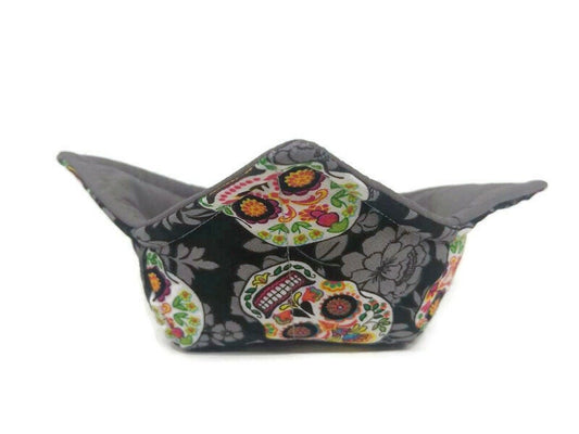 Bowl Cozy, Microwave Safe Cotton Soup Hot Bowl Pot Holder, Sugar Skull Lover Gift, Halloween Gift in a Grey Sugar Skull Fabric Print