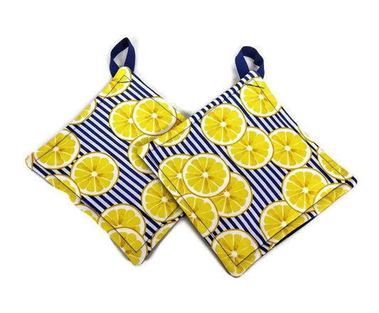Pot holder for kitchen Pot Holder Set Oven Hot Pad Pot Holder for Cooking or Baking in a Blue Lemon Fabric Print
