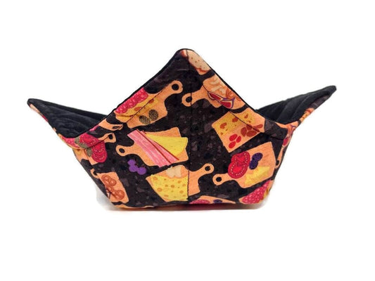 Bowl Cozy Microwave Safe Cotton Soup Hot Bowl Pot Holder in a Charcuterie Board and Solid Black Fabric Print