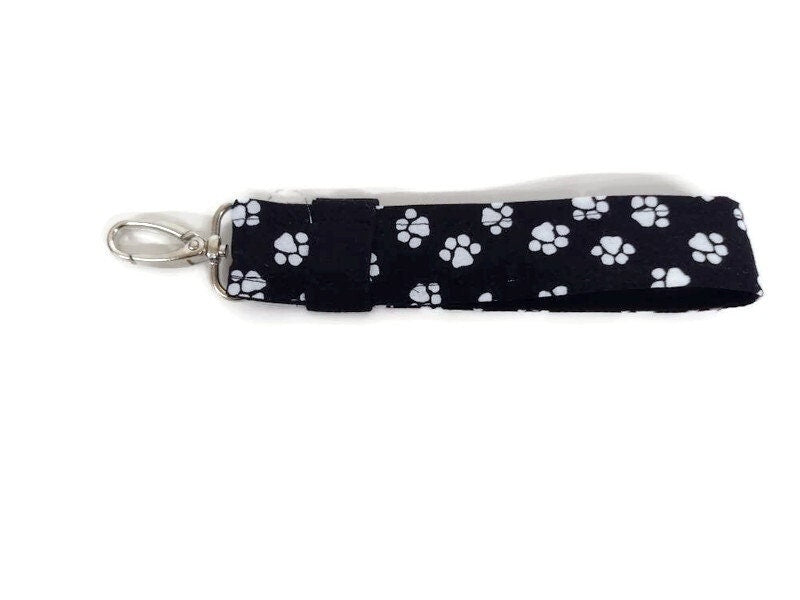 Black Paw Print Fabric Keychain with Lobster clip and ring